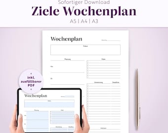 Puede incluir: Una plantilla de planificador semanal titulada Wochenplan con secciones para enfoque, planificación, objetivos, implementación, plazos y notas. Disponible en tamaños A5, A4 y A3, incluye una versión PDF rellenable mostrada en una tableta.