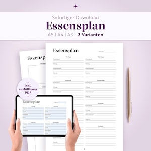 Może przedstawiać: Cyfrowy szablon planera posiłków z nagłówkiem Essensplan, dostępny w formatach A5, A4 i A3. Układ zawiera sekcje na śniadanie, obiad, kolację i przekąski na każdy dzień tygodnia, z opcją wypełnialnego pliku PDF widoczną na ekranie tabletu.
