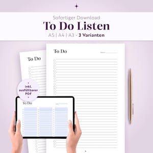 Op de afbeelding: Een digitaal en printbaar takenlijstsjabloon met de tekst To Do Listen, A5, A4, A3 - 3 Varianten, en inkl. ausfüllbarer PDF. Het ontwerp bevat een wit vel papier met horizontale lijnen en ronde selectievakjes, naast een tabletscherm met een vergelijkbare lay-out met drie kolommen met selectievakjes.
