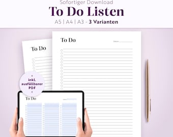 Lista de tareas | A5, A4, A3 | PDF rellenable | Imprimible | Planificador familiar | Descarga digital | Alemán
