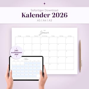 Puede incluir: Un calendario 2026 imprimible en tamaños A5, A4 y A3, con una cuadrícula mensual y el texto 'Kalender 2026' y 'Januar'. Una tableta muestra una versión digital del calendario con el texto 'Oktober' y 'inkl. ausfüllbarer PDF'.