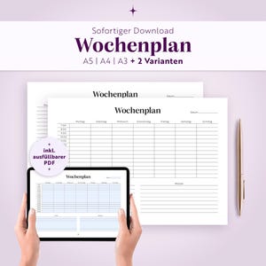Könnte beinhalten: Eine digitale Wochenplan-Vorlage mit der Überschrift Wochenplan, die ein Raster für Montag bis Sonntag mit Stunden von 7:00 bis 11:00 Uhr, einen Notizbereich und einen runden Aufkleber mit der Aufschrift inkl. ausfüllbarer PDF auf einem Tablet zeigt.