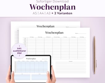 May include: A digital weekly planner template titled Wochenplan featuring a grid for Monday through Sunday with hourly slots from 7:00 to 11:00, a notes section, and a circular badge stating inkl. ausfüllbarer PDF, displayed on a tablet screen.
