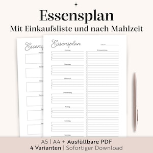 Essensplan + Einkaufsliste PDF | A4 A5 Ausfüllbar | Menü & Meal Prep | Deutsch | Zum Ausdrucken | Familien Menüplaner | Küche Organisation