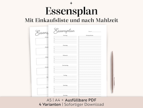 Essensplan + Einkaufsliste PDF | A4 A5 Ausfüllbar | Menü & Meal Prep | Deutsch | Zum Ausdrucken | Familien Menüplaner | Küche Organisation