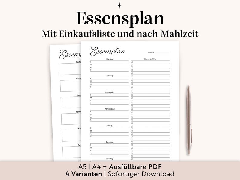 Plan posiłków + lista zakupów w formacie PDF | Format A4/A5 do wypełnienia | Menu i przygotowywanie posiłków | Język niemiecki | Do druku | Planer posiłków rodzinnych | Organizacja kuchni zdjęcie 1