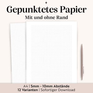 Könnte beinhalten: Zwei Blätter weißes Punktpapier mit einem silbernen Stift auf hellbeigem Hintergrund. Der Text auf dem Bild lautet "Gepunktetes Papier Mit und ohne Rand A4 | 5mm - 10mm Abstände 12 Varianten | Sofortiger Download".
