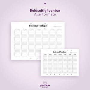 May include: Two white planner inserts with black text and lines. The pages feature the German text 'Beispiel Vorlage' and 'Beidseitig lochbar Alle Formate'. Each page includes seven columns for days of the week with checkboxes and lines for daily tasks.
