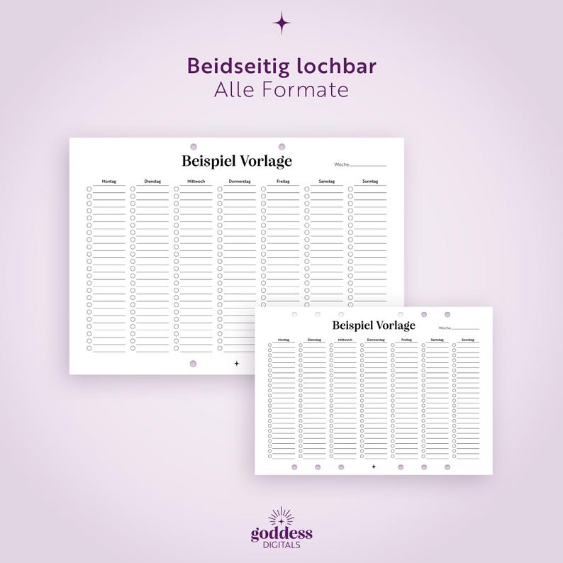 May include: Two white planner inserts with black text and lines. The pages feature the German text 'Beispiel Vorlage' and 'Beidseitig lochbar Alle Formate'. Each page includes seven columns for days of the week with checkboxes and lines for daily tasks.