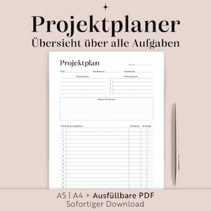 Pode incluir: Um planeador de projetos imprimível em preto e branco com o título "Projektplaner" e o texto "Übersicht über alle Aufgaben". O planeador inclui seções para os objetivos do projeto, prazos e notas.