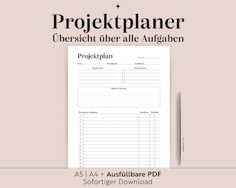 Project plan | A4/A5+Fillable PDF | Printable | German | Instant download | Home office | Work | Productivity | Students