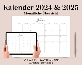 Calendar 2024 & 2025 | A3 A4 A5 Fillable PDF | To print | Printable wall calendar | Family calendar | Planning | Organization