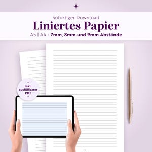 Può includere: Modelli di carta a righe digitale in formato A5 e A4 con opzioni di spaziatura da 7mm, 8mm e 9mm. Il documento include una funzione PDF compilabile. L'immagine mostra un tablet con linee orizzontali e una penna metallica sulla destra.