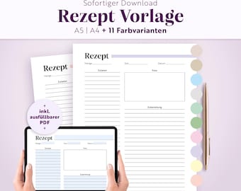 May include: A digital recipe template set featuring A5 and A4 sizes with 11 color variations. The layout includes fields for recipe name, quantity, time, date, ingredients, a photo placeholder, and preparation steps, with an included fillable PDF.