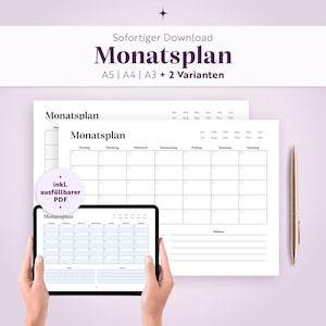 May include: A digital monthly planner template titled Monatspan with a grid layout for days of the week, a notes section, and a circular badge stating inkl. ausfüllbarer PDF. The design is black and white with a clean, minimalist aesthetic.
