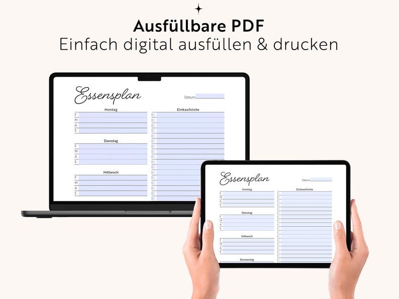 Plan posiłków + lista zakupów w formacie PDF | Format A4/A5 do wypełnienia | Menu i przygotowywanie posiłków | Język niemiecki | Do druku | Planer posiłków rodzinnych | Organizacja kuchni zdjęcie 5