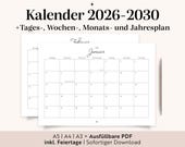 Kalender 2026 - 2030 | Plus Tagesplaner, Wochenplaner, Monatsplaner und Jahresplaner | A3 A4 A5 Ausfüllbare PDF | Zum ausdrucken | Deutsch