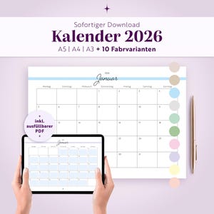 May include: A 2026 calendar template featuring a monthly grid for January, available in A5, A4, and A3 sizes with 10 colour variations. The design includes a fillable PDF option, displayed on a tablet screen and a printed sheet with a gold pen.