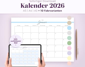 May include: A 2026 calendar template featuring a monthly grid for January, available in A5, A4, and A3 sizes with 10 color variations. The design includes a fillable PDF option, displayed on a tablet screen and a printed sheet with a gold pen.