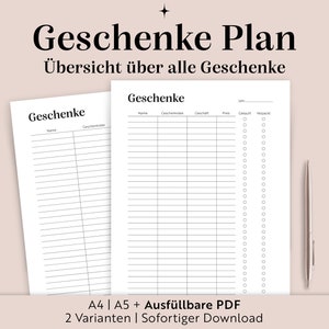 Geschenke Plan | A4/A5/Ausfüllbare PDF | Weihnachtsgeschenke | Geburtstagsgeschenke | Deutsche Vorlage | Digitaler Download | Weihnachten