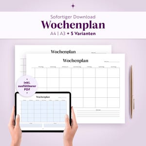 May include: A digital weekly planner template titled Wochenplan with a grid layout for seven days, including a notes section. The design is available in A4 and A3 sizes with five variations, featuring a fillable PDF option displayed on a tablet screen.