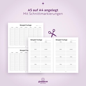 May include: A digital planner template featuring A5 layouts arranged on an A4 sheet with crop marks. The text reads A5 auf A4 angelegt, Mit Schnittmarkierungen, Beispiel Vorlage, and goddess DIGITALS. Includes a graphic of scissors.