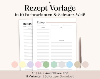 Szablon przepisu do wydrukowania (A4/A5, wypełniany plik PDF) | Karta przepisu w języku niemieckim | 10 kolorów z polem na zdjęcie | Rodzina i kuchnia | Natychmiastowe pobranie