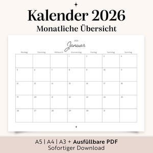 Op de afbeelding: Een minimalistische kalender voor 2026 met de maand januari. De kalender is in zwart-wit, met een rasterindeling voor elke dag. De tekst "Kalender 2026 Monatliche Übersicht" staat bovenaan. Beschikbaar in A5, A4 en A3.