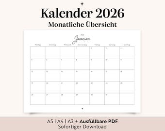 Kalender 2026 PDF zum Ausdrucken | Ausfüllbarer Wandkalender A3 A4 A5 | Deutsch | Familienkalender Vorlage | Organisation Alltag | Büro