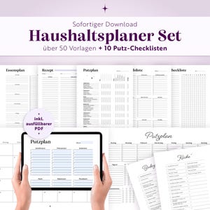 Könnte beinhalten: Ein digitales Haushaltsplaner-Set mit über 50 Vorlagen und 10 Putz-Checklisten. Die Sammlung enthält verschiedene druckbare Seiten für Essenspläne, Rezepte und Aufgaben, sowie ein Tablet, das einen Putzplan anzeigt.