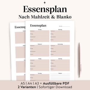 Digital meal plan PDF for printing | Fillable menu plan A3 A4 A5 | German | Family kitchen organization | Weekly meal & shopping plan