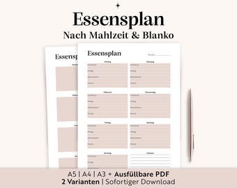 Cyfrowy plan posiłków w formacie PDF do druku | Plan menu do wypełnienia w formacie A3, A4, A5 | Język niemiecki | Organizacja kuchni rodzinnej | Tygodniowy plan posiłków i zakupów