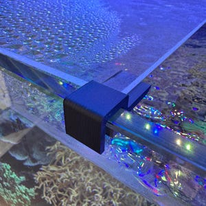 Könnte beinhalten: Schwarzer Kunststoff-Aquarien-Glasclip zum Befestigen eines Glasdeckels. Der Clip ist am Rand des Aquarienbeckens befestigt.
