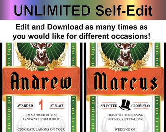 Unlimited Self-Edit 700ml/750ml Custom Jagermeister Personalized Label Canva Template Digital Download Bundle, Print on Demand, Wedding Gift