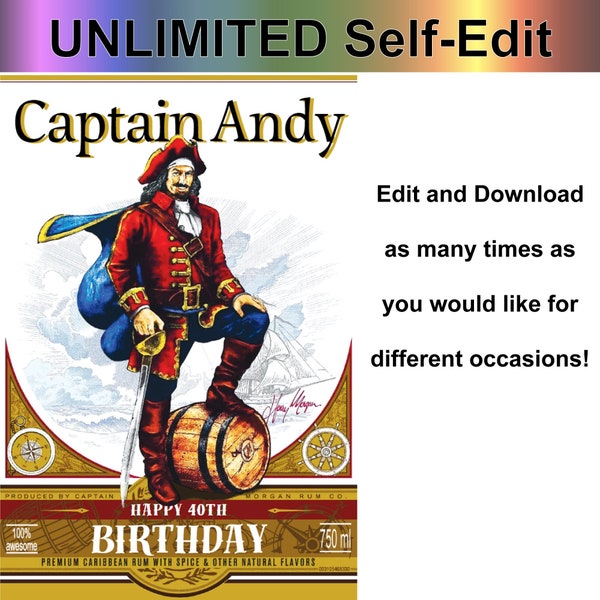 Unlimited Self-Edit Custom Captain Morgan Personalized Digital Label Canva Template Download, Print on Demand, Best Alcohol Gift