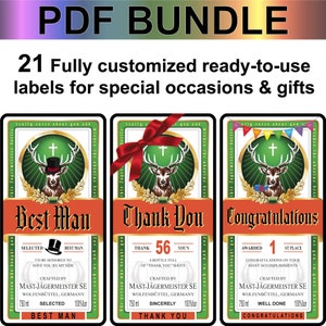 21 Custom Jagermeister Label PDF Digital Template Bundle Design, Holiday Labels, printable gift labels, ready-made Labels, print on demand