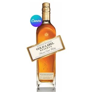 Puede incluir: Una botella de whisky escocés mezclado Johnnie Walker Gold Label Reserve. La botella es rectangular con una tapa dorada y una etiqueta dorada y blanca. La etiqueta dice "Gold Label Reserve" y "Blended Scotch Whisky".