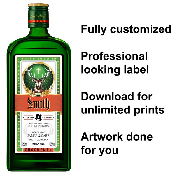 Custom Jagermeister Personalized Label, Print on Demand, Best Alcohol Gift, Best Birthday Gift, Best Wedding Gift - 750ml or 1 Liter label