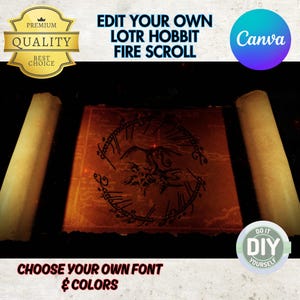 Plantilla editable de Canva para invitación de video personalizada para fiesta de El Hobbit, El Señor del Anillo Único, Elfo, Enano, Mapa de invitación con pergamino de fuego