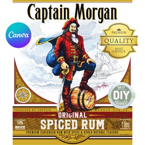 Custom Captain Morgan Spiced Rum Personalized Label - 1L bottle - Printable Realistic Label Download, Canva Self Edit Template