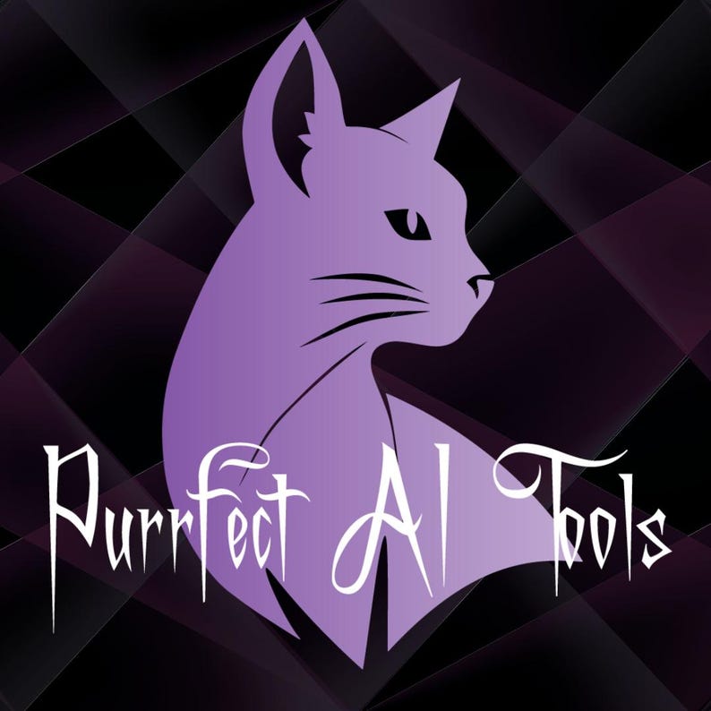 May include: A purple cat silhouette with the text "Purrfect AI Tools" in a stylized font. The cat is in profile, set against a dark background with a geometric pattern.