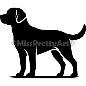 Puede incluir: Silueta negra de un perro Labrador Retriever de pie con la cabeza girada hacia la izquierda. El perro está mirando hacia el lado izquierdo de la imagen.