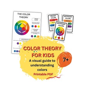 Könnte beinhalten: Lehrmaterialien für Kinder zur Farbtheorie. Das Bild zeigt ein Farbkreisdiagramm, Karteikarten mit Primär- und Sekundärfarben sowie eine gelbe Grafik mit dem Text "COLOR THEORY FOR KIDS" und "Printable PDF."