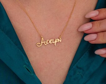 Collar con nombre de oro macizo de 14K, collar personalizado para mujeres, collar con placa de nombre personalizado, joyería hecha a mano, regalo de cumpleaños, regalo para ella