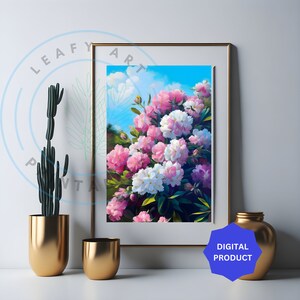 Rhododendron Art Pink Flower Print Blue Sky Background Floral Painting Digital Download 6-10