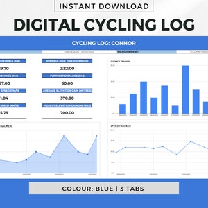 Digital Cycling Log Spreadsheet Template for Google Sheets - Blue, Cycling Metric Dashboard, Cycling Performance Tracker, Bike Tracker