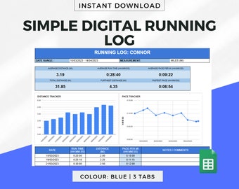 SIMPLE Digital Running Log Template for Google Sheets - Blue, Running Dashboard, Running Journal, Running Spreadsheet