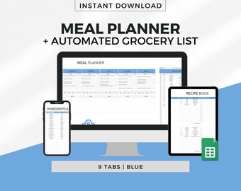 Puede incluir: Una descarga digital para un planificador de comidas y una lista de compras automatizada. La imagen muestra una pantalla de computadora, una tableta y un teléfono inteligente que muestran el planificador, el libro de recetas y la lista de ingredientes. El planificador tiene 9 pestañas y es azul.