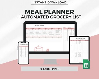 Weekly Meal Planner Spreadsheet For Google Sheets, Recipe Builder, Automatic Shopping List, Food Prep Log, Meal Plan Template, Meal Planning