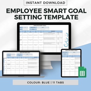 Peut inclure: Un modèle de téléchargement numérique pour la définition d'objectifs SMART pour les employés. Le modèle est affiché sur un écran d'ordinateur, un ordinateur portable et une tablette. Le modèle est bleu et comporte 11 onglets. Le texte "EMPLOYEE SMART GOALS" est visible sur le modèle.